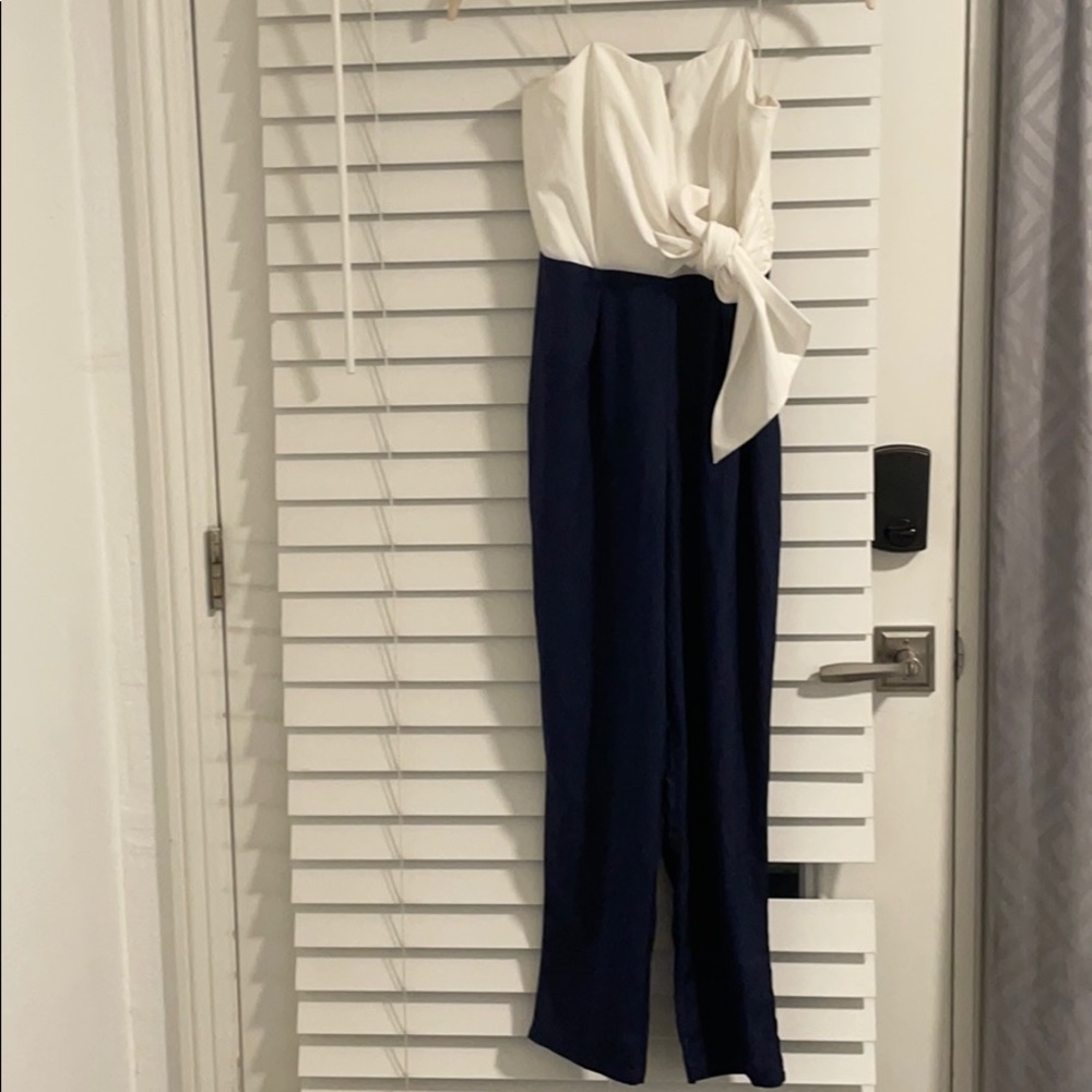 White and Navy strapless jumpsuit size small